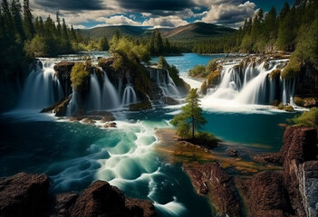 Terrain Landscape with Tiered Waterfalls and Scenic Lakes. AI Generated