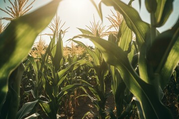 Corn on the cob growing in sunny agriculture field. Generative AI