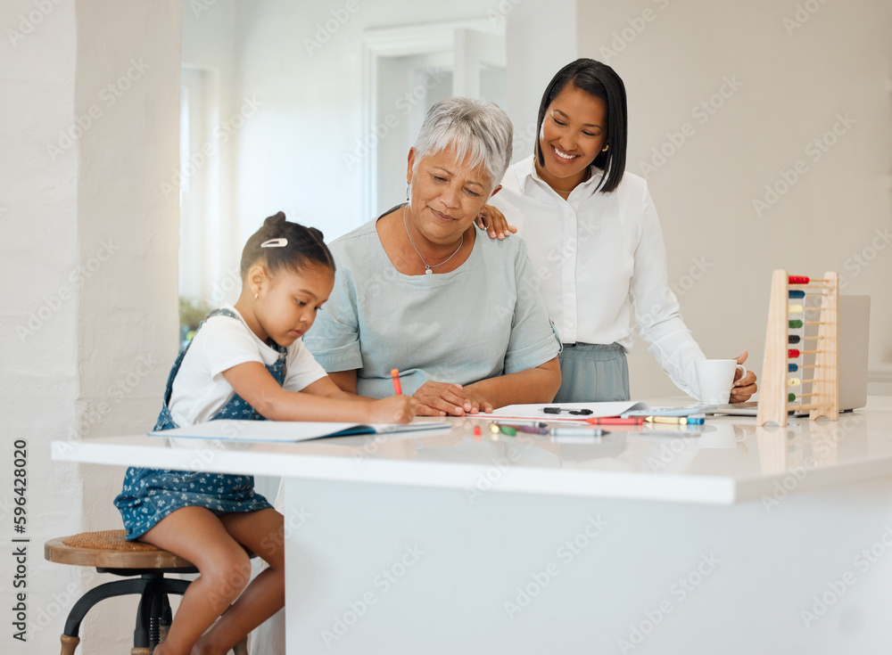 Sticker Ma, thats not a tree, its a dog. Shot of a young girl getting help from her mother and grandma while doing her homework at home.