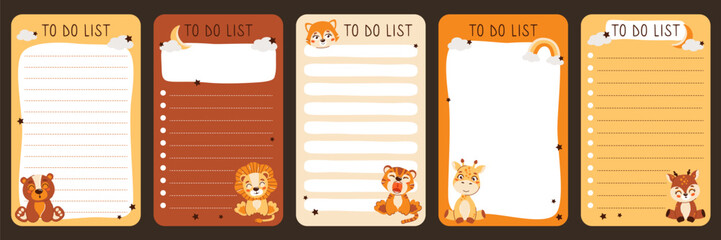 A set of cute children's paper templates for notes with animals. To-do list for printing. Bright planning paper. Vector illustration
