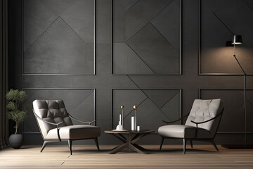 Modern living room interior in dark colors. Design with armchair and gold decoration. Generative AI