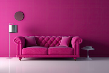 Interior of the room in plain monochrome magenta color with furnitures and a sofa. Generative AI