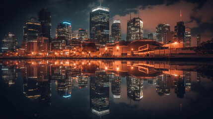 Obraz premium A view of a city skyline reflected in a still body of water, with the lights of the buildings shimmering and dancing on the surface of the water - ai generative
