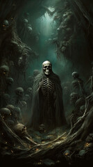 Dark Lord Yomi scary beautiful skeleton crypt back , Generative AI