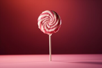 Pink and white striped lollipop on stick against pink background. Generative AI