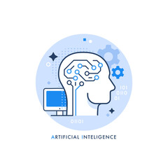  Artificial Intelligence Concept. Vector cartoon illustration in a modern simple geometric style of a human head with a brain in the form of a microcircuit that is programmed on a computer.