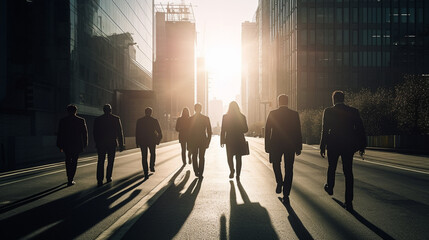 Fototapeta na wymiar Business peoples walking to work with morning sun light in business district. Generative AI