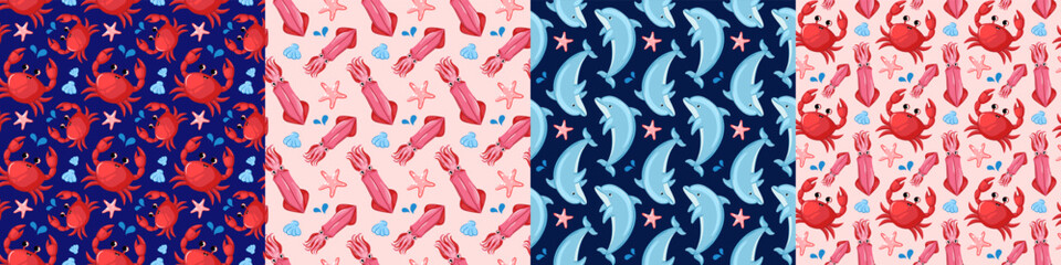 Fototapeta premium Marine animals. Children's patterns of the sea and ocean. Vector seamless pattern elements