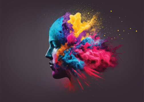 Liquid Color design background fly out of mind explosion - as a fantasy. colorful brain splash Brainstorm and inspire concept. Generative AI.