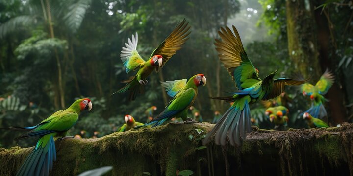 A flock of parrots squawking and flapping their wings in a tropical rainforest, concept of Avian behavior, created with Generative AI technology