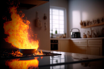 Fire in the kitchen. The concept of fire from gas appliances. Generative AI
