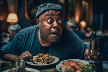 Man makes funny expression after being caught binging on food - ai generative