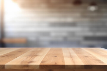 Wooden tabletop with blurred background for display or montage. Free space wood table top