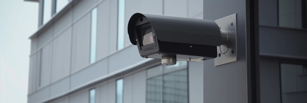 Black Security camera on modern building. Professional surveillance cameras. CCTV on the wall in the city. Security system, technology. Video equipment for safety system area control outdoor