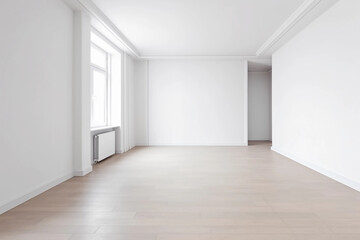 Empty room in a bright clean interior , White empty room with wooden floor