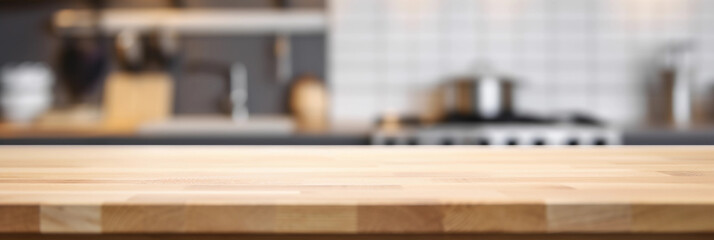 Empty wooden tabletop with blurred kitchen background. Mock up for display or montage of product. Blur kitchen counter background for montage product display for visual layout