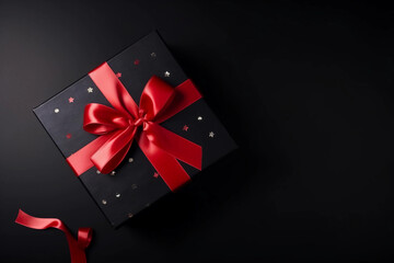 Gift box with satin ribbon and bow on black background. Holiday gift with copy space. Birthday or Christmas present, flat lay, top view. Christmas giftbox concept