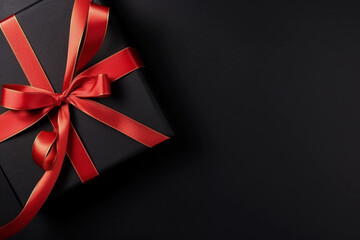 Gift box with satin ribbon and bow on black background. Holiday gift with copy space. Birthday or Christmas present, flat lay, top view. Christmas giftbox concept
