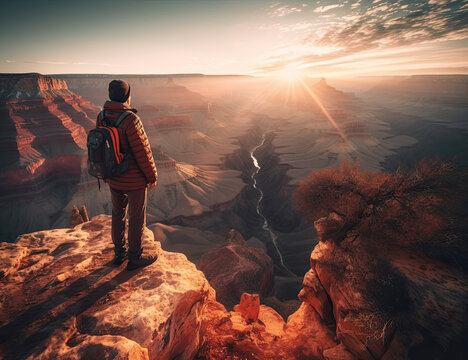 Grand Canyon, Traveling, Person Looking in Wonder, Wanderlust, Background, Nature, Landscape. Generative AI