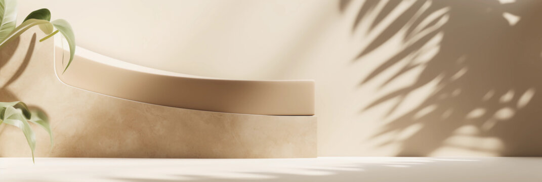 Blank beige brown cement curve counter podium with texture, soft beautiful dappled sunlight, leaf shadow on white wall for luxury organic cosmetic, skincare, beauty treatment product background 3D
