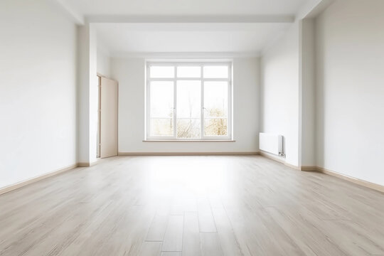 Empty room in a bright clean interior , White empty room with wooden floor