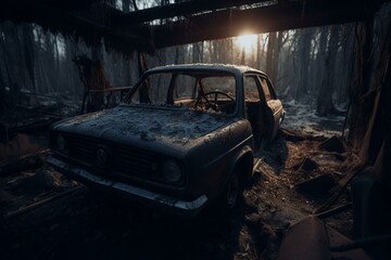 Obraz na płótnie Canvas Deserted car ruin without lights. Generative AI