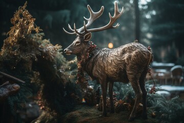 Stunning deer and holiday celebration in evergreen forest with magnificent adornment. Generative AI