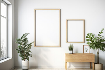 Obraz na płótnie Canvas Empty frame mockup on white wall in living room interior with green plants. Generative AI.