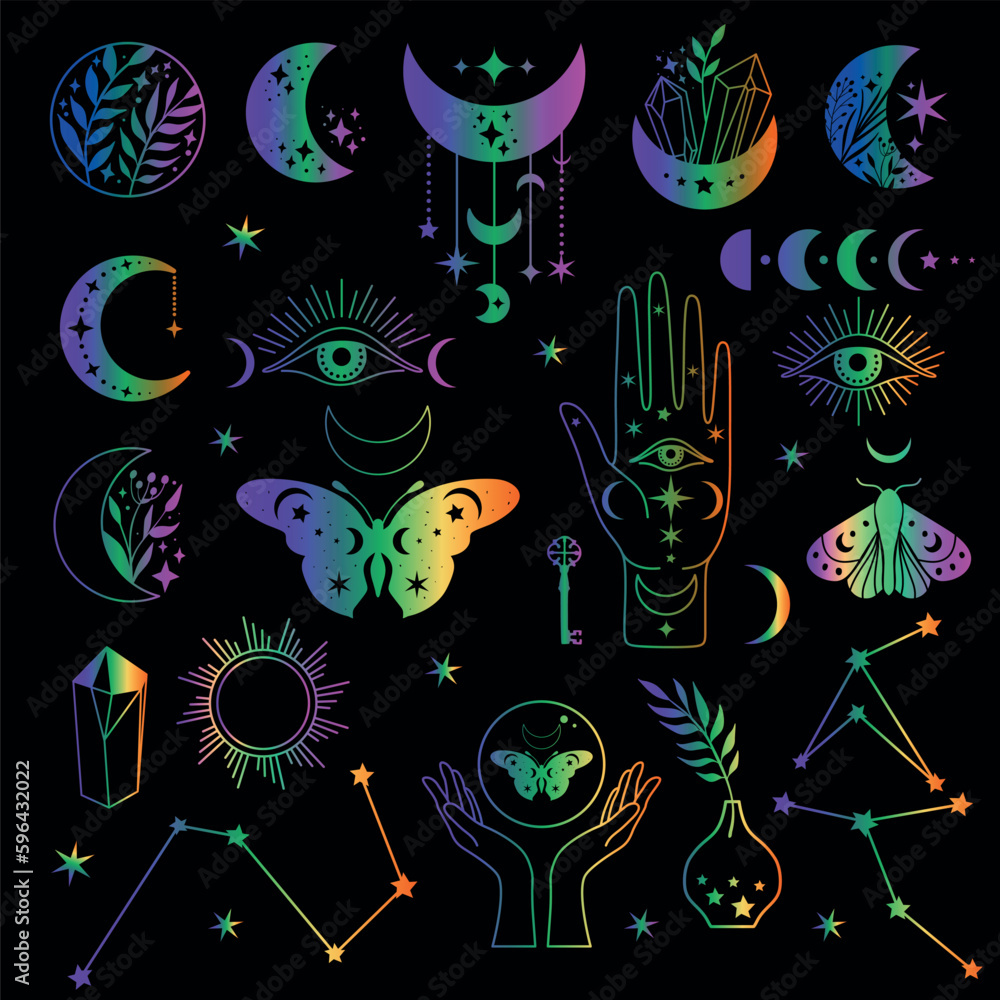 Wall mural mystical moon phases neon icons set and woman hands and moth, alchemy esoteric magic space, vector b