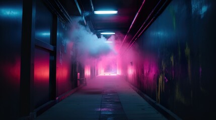 Cyberpunk Neon Tunnel with colorful smoke. Perspective. Future wallpaper. Grunge industrial scene. Genarative AI illustration.