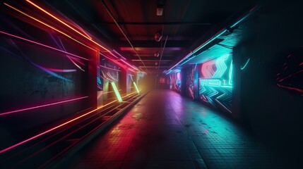 Cyberpunk Neon Tunnel. Perspective. Future wallpaper. Grunge industrial scene. Genarative AI illustration.