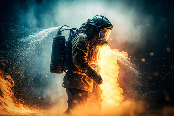 A brave firefighter battles the raging flames, risking all to extinguish the inferno. Generative AI