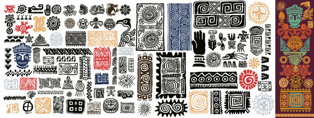 Fototapeta Big set of Mexican gods symbols. Colored abstract aztec animal bird totem idols, ancient inca maya civilization primitive traditional signs. Vector indigenous culture symbols and mythic rituals. obraz