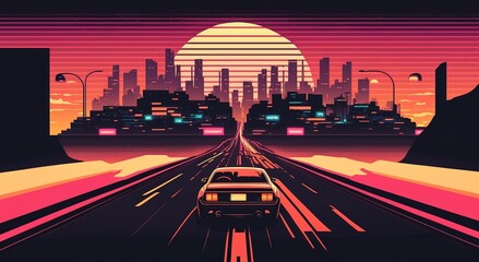 Retro futuristic supercar rear view on trendy synthwave, sunset background.