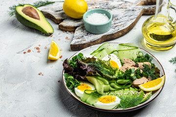 Ketogenic low carbs diet, Plate with keto foods: two eggs, avocado, tuna, cucumber and fresh salad. Healthy fats, clean eating for weight loss. top view