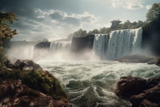 Massive digital illustration of a waterfall reminiscent of Niagara Falls. Generative AI