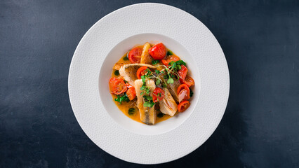 White fish with potatoes, tomatoes, lettuce and microgreens.