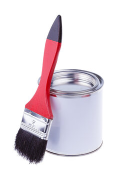 Generic can with paint and red paintbrush for painting walls, furniture or art, png clipart isolated cut out on transparent background