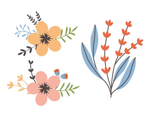 Flower with leaves, floral bouquets set. Vector flowers. Spring art. Happy Easter, Woman Day element. Folk style. Posters for the spring holidays isolated on white background.