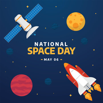 national space day celebration design template. space vector scene with rocket planet and space station icon design. space flat vector illustration.