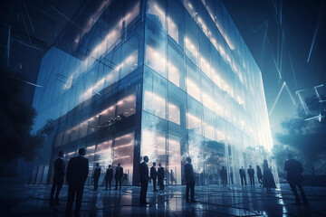 Fototapeta na wymiar Double Exposure Business Meeting in Backlit Modern Building. Corporate Success and Teamwork Concept with Group of Businessmen and Women