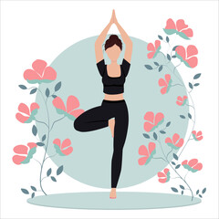Poster beautiful slender girl in a yoga pose faceless, green fon with pink flowers, green rug, in black clothes