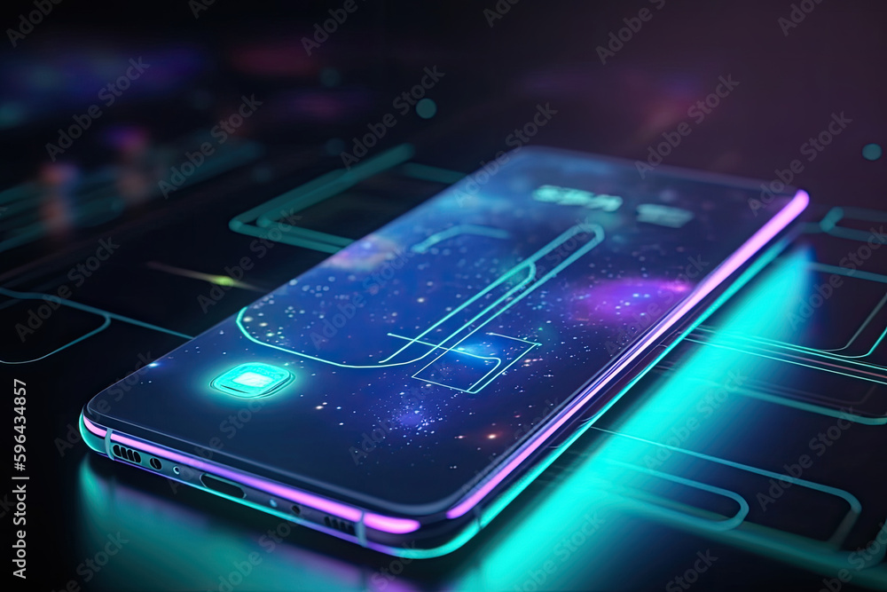 Poster smartphone on technology background. neon glowing mobile phone on abstract dark background. futurist