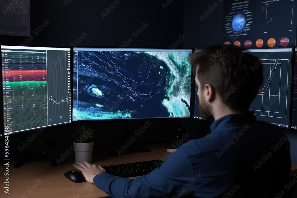 Wall mural meteorologist monitoring weather forecast at monitor screen. workplace in meteorological department.