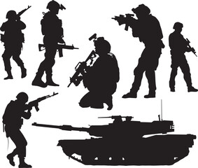 Black and white military combat soldier silhouettes outline with a tank
 - Powered by Adobe