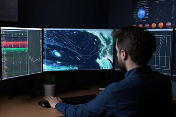 Meteorologist monitoring weather forecast at monitor screen. Workplace in meteorological department. Created with Generative AI
