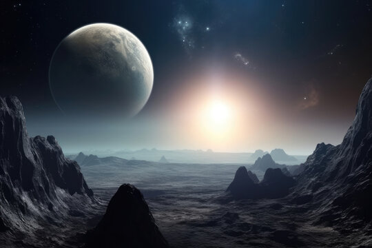 Surface of unknown planet with craters and mountains. Rising star in sky against of lifeless planet background. Colonization and terraforming new worlds in space. Created with Generative AI