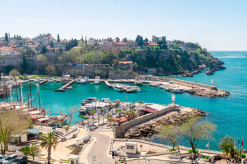 Naklejka premium Panoramic view of harbor in Antalya Kaleici Old Town. Antalya, Turkey