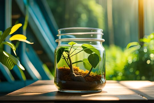 a tiny Jungle in a Canning jar, beautiful backlight, AI Generative