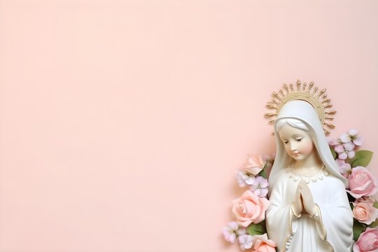 Background of Mary, mother of God. Wallpaper illustration. Front View with copy space for text information or content. Concept of faith, catholicism. Generative AI.